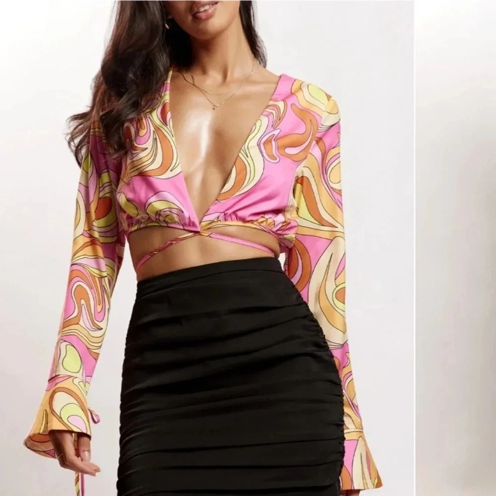 Meshki Tie Wrap Crop Top Printed Y2K Barbie Pink Size XS